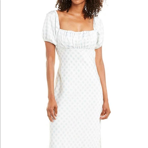 WAYF baby blue/white gingham midi satin dress with statement short sleeve - Picture 2 of 4